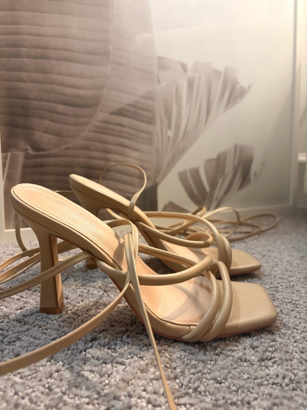 Nude Strappy Square-Toe Lace-Up Heels